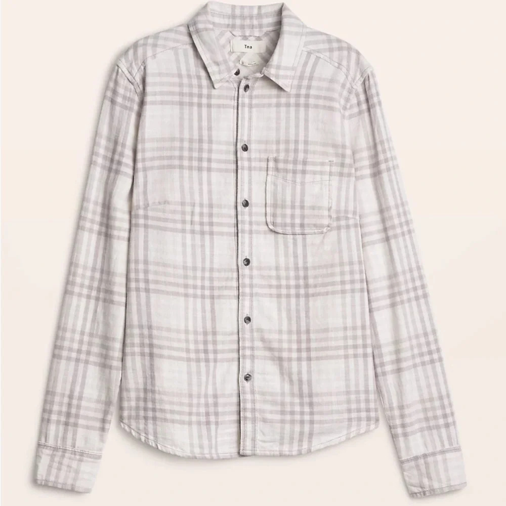 Aritzia TNA Beige Brushed Flannel Plaid Button Front Yellowstone Shirt Large